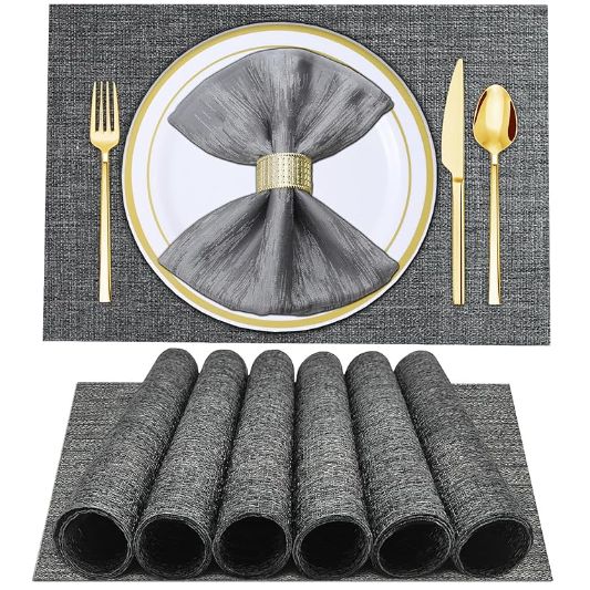 Placemats Set Of 6 Woven Vinyl Placemat For Dining Table Washable Wipeable Kitchen Place Mats Durable Indoor Outdoor Table Mats -01 Dark Grey