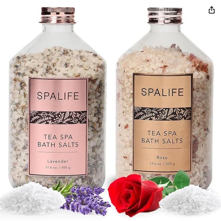 SpaLife Tea Spa Petal-Infused Effervescent Mineral Bath Salts - Lavender & Rose, 2-Pack 17.6 oz. ea for Relaxing Aromatherapy and Soothing Soaks 