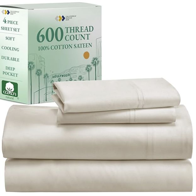 California Design Den Luxury King Size Sheet Set - 100% Cotton, 600 Thread Count Deep Pocket King Sheets, Hotel-Quality Bedding with Sateen Weave - Ivory