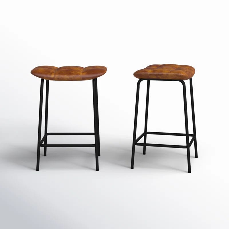 Reza 22" High Leather Tufted Rectangle Seat Modern Sleek Footrest Bar Stool (Set of 2)