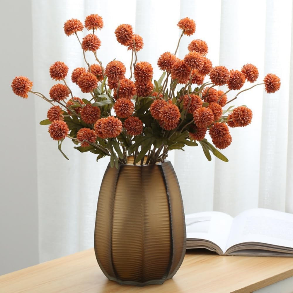 6pcs Pompon Mum Artificial Flower,Faux Silk Mini Chrysanth with Stems,for DIY Bouquet Centerpieces Office Wedding Decoration (Burnt Orange)