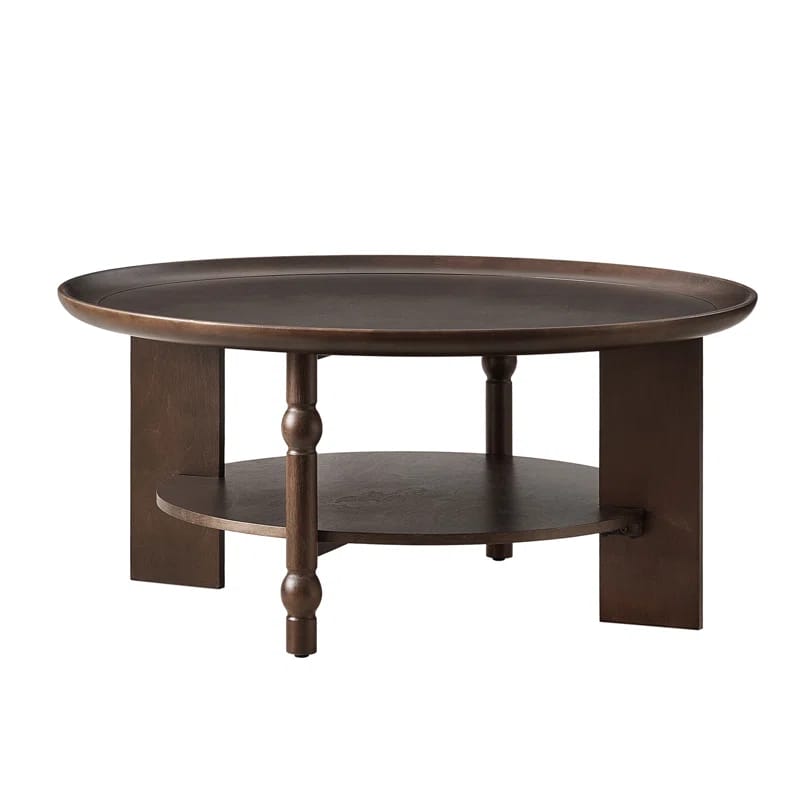 Transitional 40"W Round Unique Turned Spindle and Slab Leg Design Coffee Table with Storage Shelf