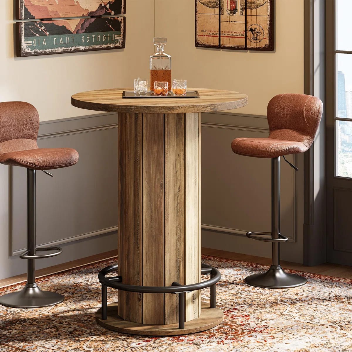 39.4" Bar Table, Round Bistro Pub Table With Metal Ring Footrest, Only Table