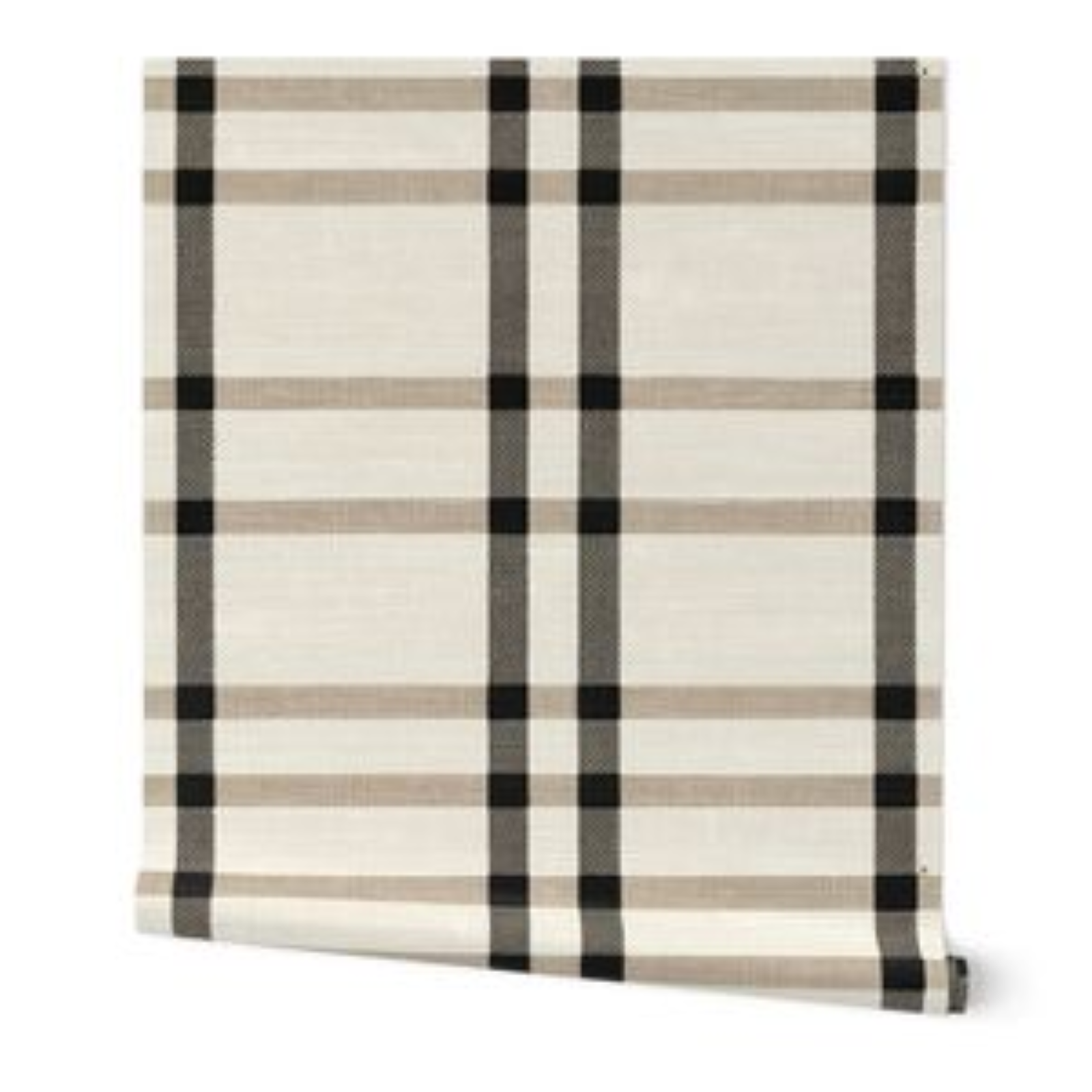 Wallpaper Linen Plaid Cream Beige and Black Vintage Stripes, Fabric, Curtains, Pillow, Bedding