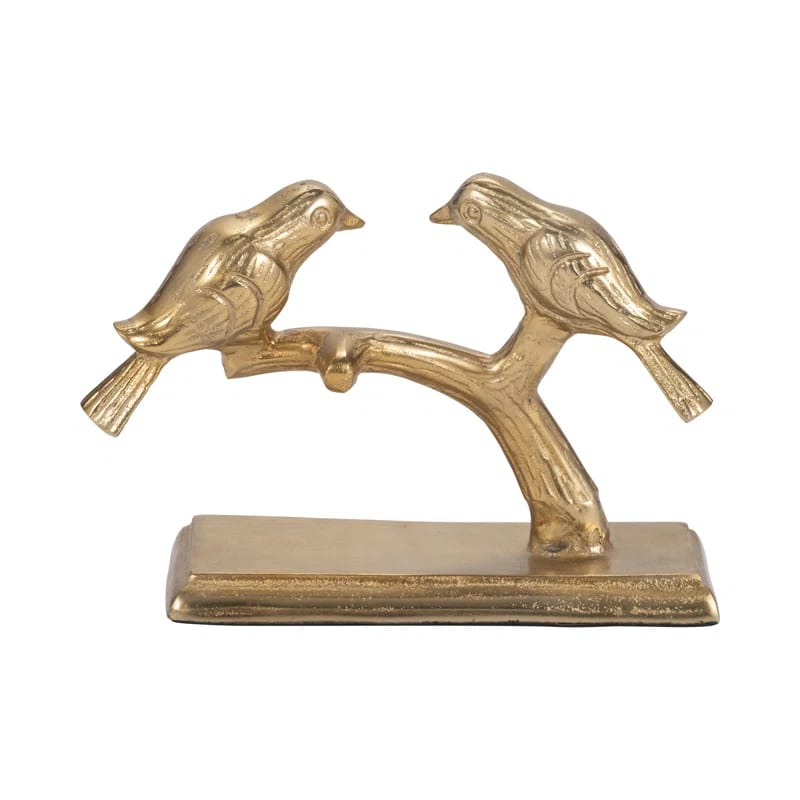 Brass-Tone Bird Figurine, Captivating Gold Resin Pair, Rustic Decor Accent, 6"x4" - 8" x 3" x 7"