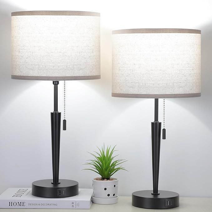 able Lamp, Pull Chain Nightstand Lamps with USB C Charging Ports