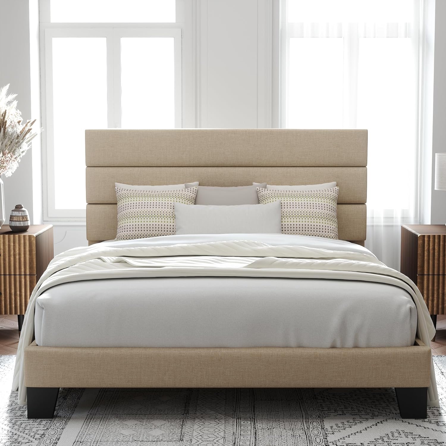 Allewie Queen Size Platform Bed Frame With Fabric Upholstered Headboard And Wooden Slats Support