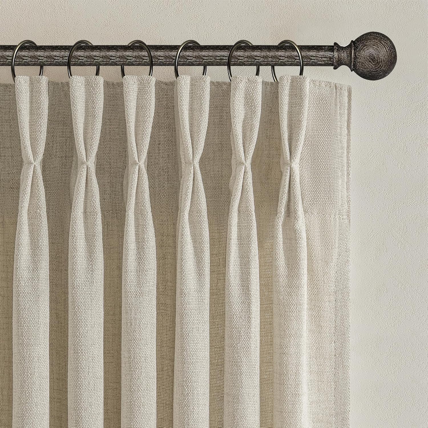 Warm Beige Light Filtering Curtains 63 Inches Long for Kitchen Window Over Sink, Natural Linen Blend Pinch Pleated Drapes Privacy Sheer Taupe Curtain 5-1/4 FT Length Cafe Mini Burgs(Panels of 2 Set)