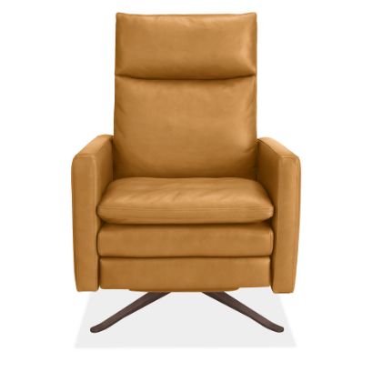 Isaac Leather Recliner, Cyrus Camel, Thin Arms, Burnished Bronze Swivel  Base