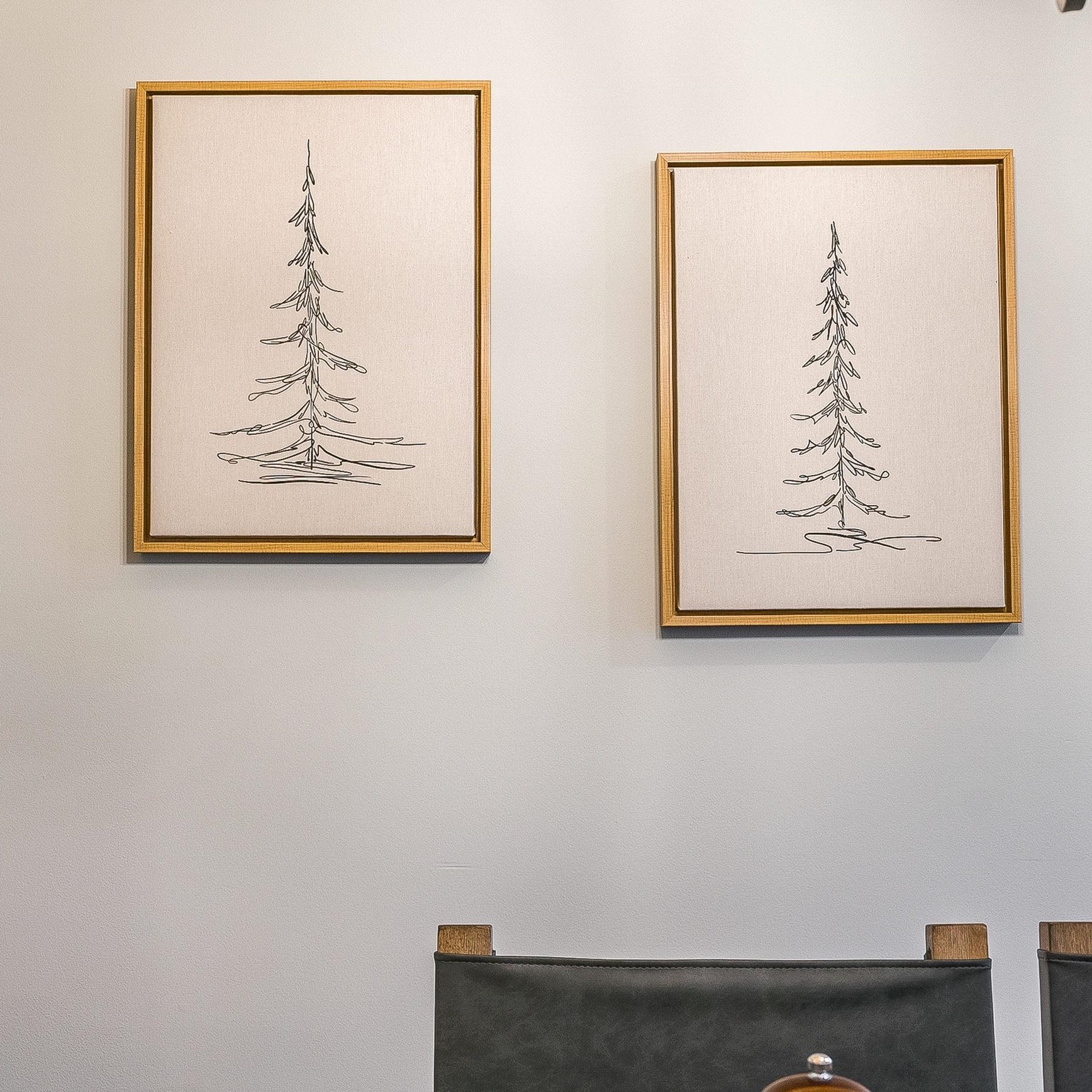 Kate and Laurel Sylvie Minimalist Evergreen Trees Framed Linen Textured Canvas Wall Art by The Creative Bunch Studio, Set of 2, 18x24 Natural, Modern Nature Art for Wall