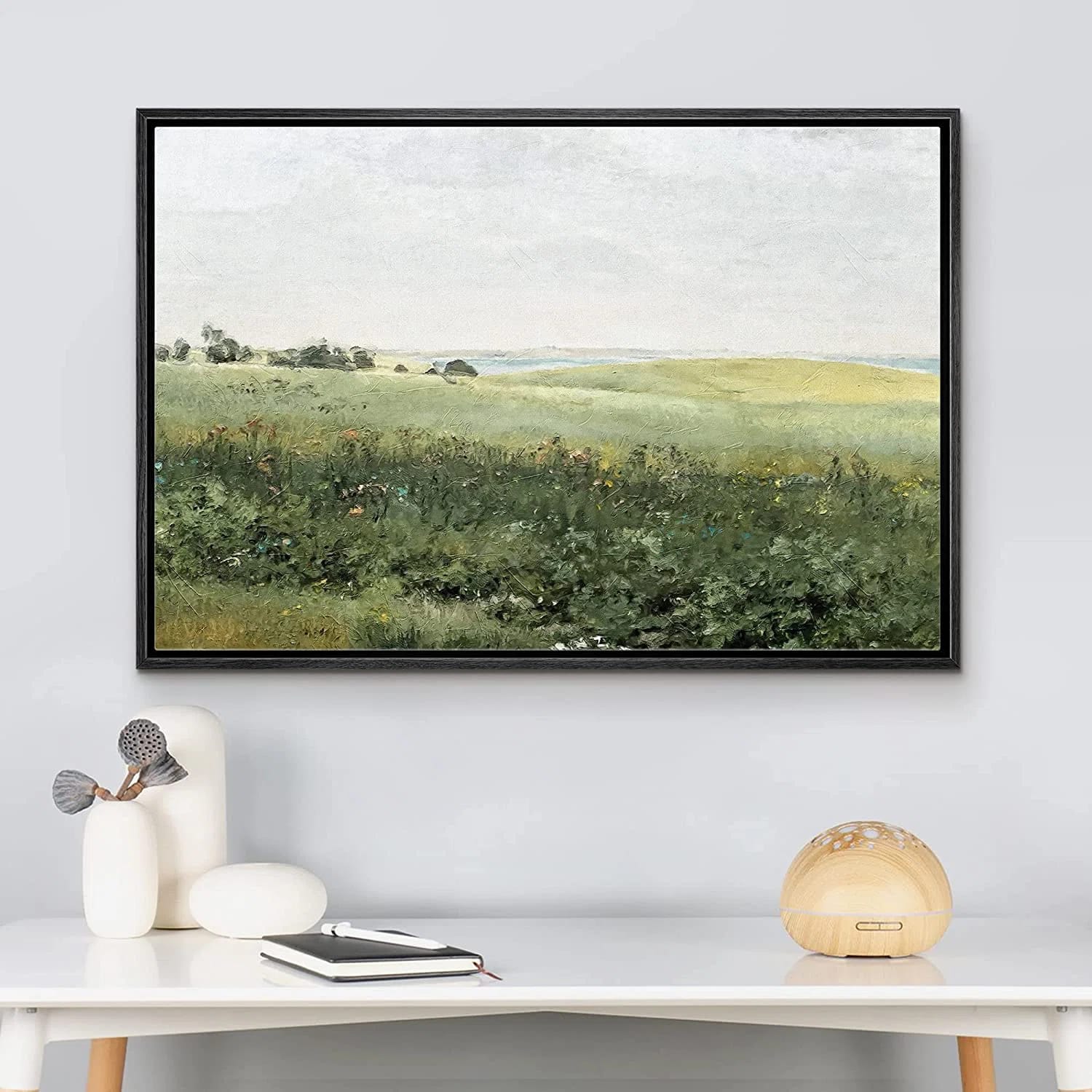 Green Meadow Hillside Wildflowers Field Nature Landscape Wall Art Framed On Canvas Painting Print