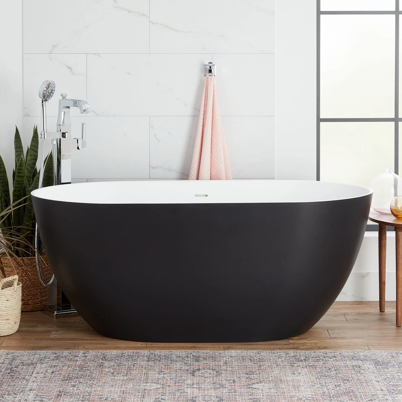 Signature Hardware Catino 66" Resin Soaking Freestanding Tub with Integrated Drain and Overflow - Matte Black / Matte White