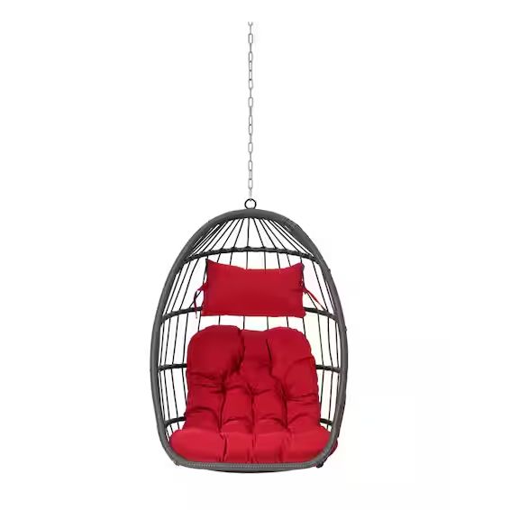 Indoor/Outdoor Porch Wicker Swing Egg Chair with Red Cushions Without Stand