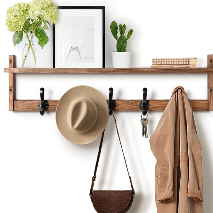 Coat Rack Wall Mount with Shelf, Wood Wall Hooks with Storage