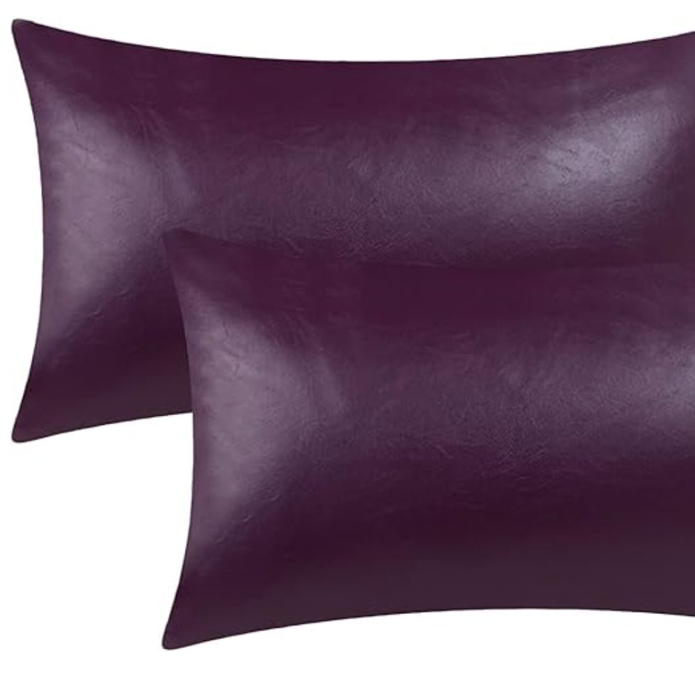 Brawarm Faux Leather Throw Pillow Covers 12 X 20 Inches - Purple Leather Lumbar Pilow Covers Pack Of 2