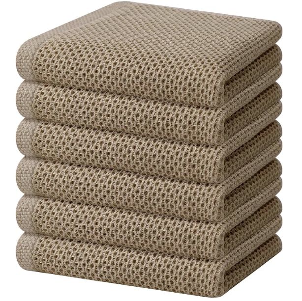 Homaxy 100% Cotton Waffle Weave Kitchen Dish Towels, Ultra Soft Absorbent Quick Drying Cleaning Towel, 13 x 28 Inches, 6-Pack, Tan