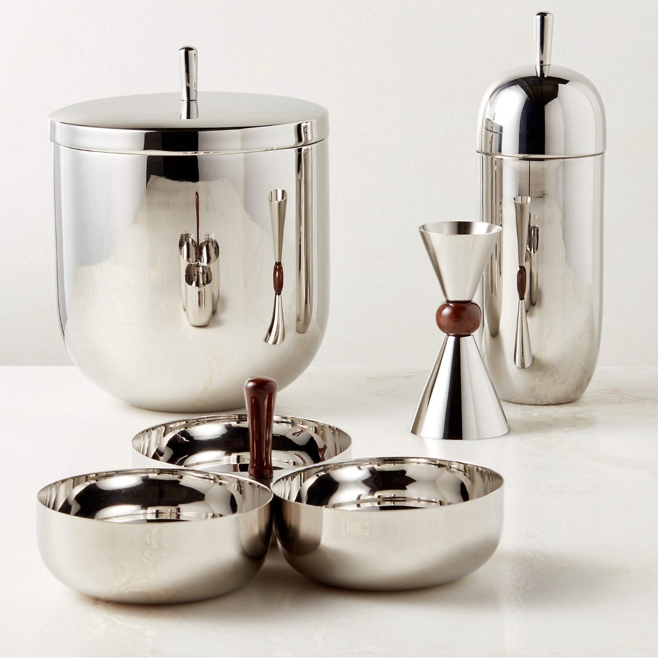 Kalman Polished Stainless Steel and Walnut Wood Bar Tool Set with Snack Bowl