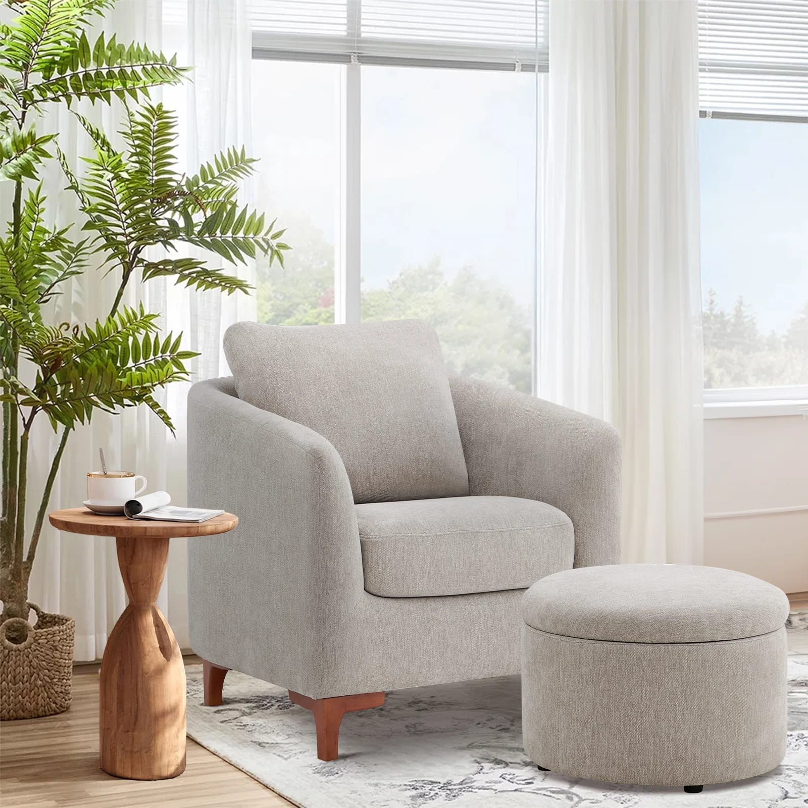 Amold Upholstered Barrel Accent Armchair With Storage Ottoman and Pillow