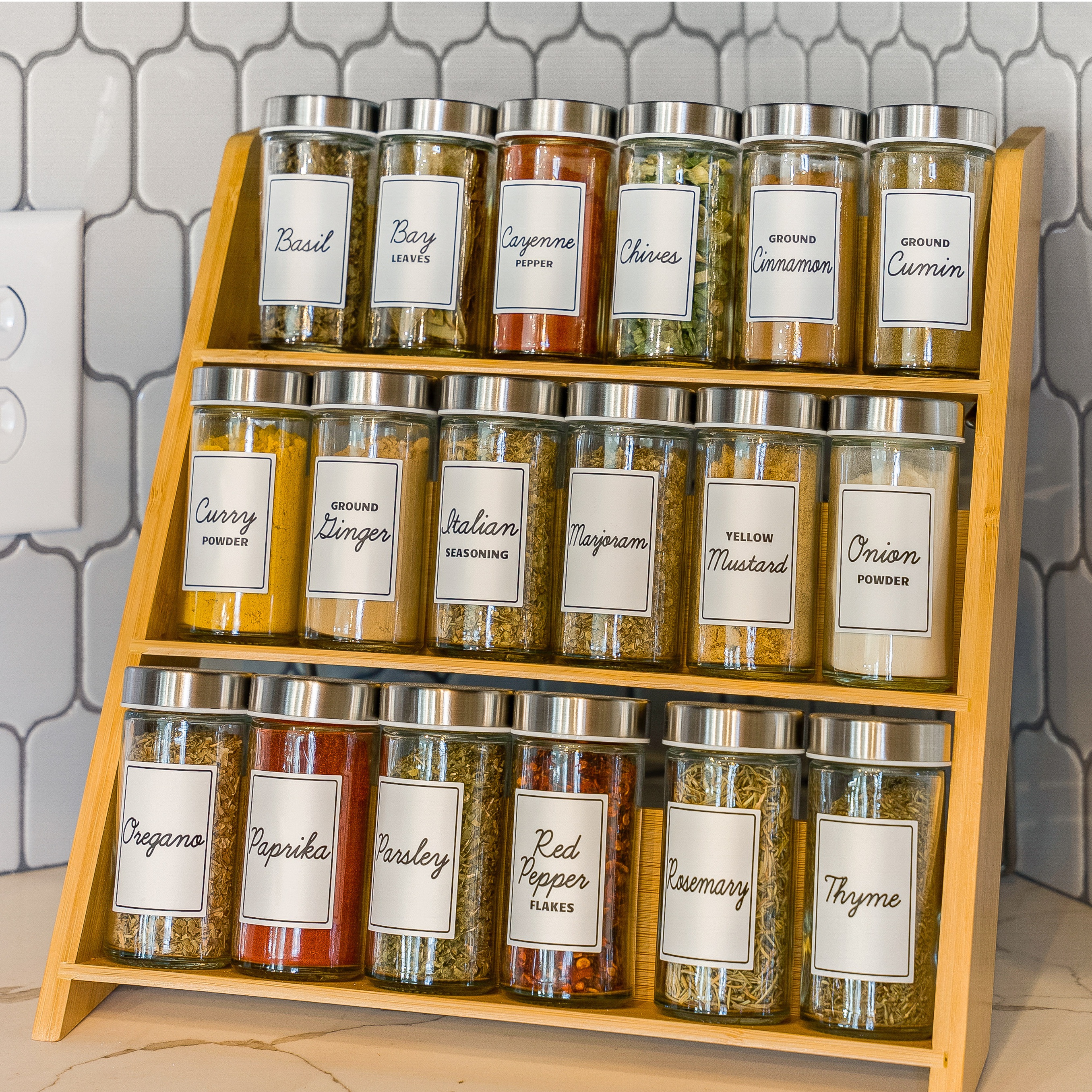 Orii 18 Jar Bamboo Compact Spice Organizer for Countertop and Kitchen Drawer, Filled with Spices, Program