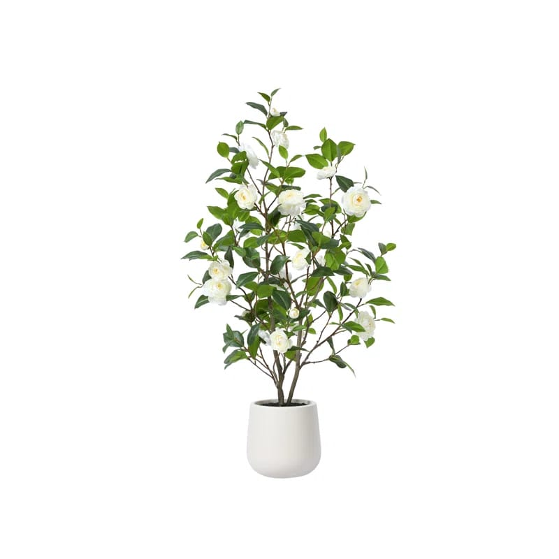 Adcock 4ft Artificial Camellia Tree with 9 inch White Planter, Tall Fake Camellia Trees with Flowers