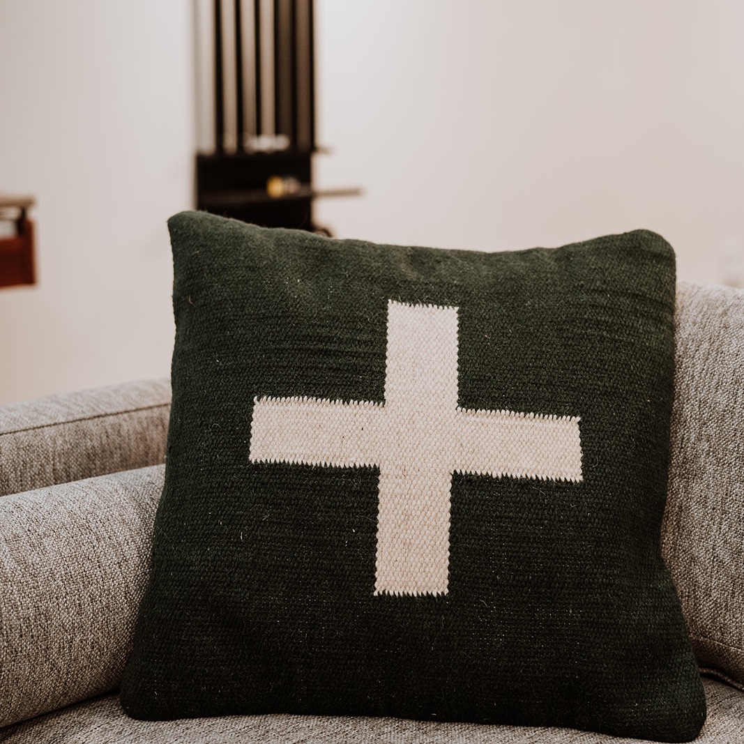 Forest Green, Swiss Cross Cotton Wool Throw Pillow