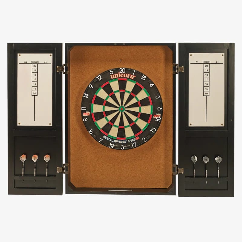 American Heritage Stratford Wall-Mounted Dartboard Cabinet with Dart Storage & Scoreboard, Black Finish