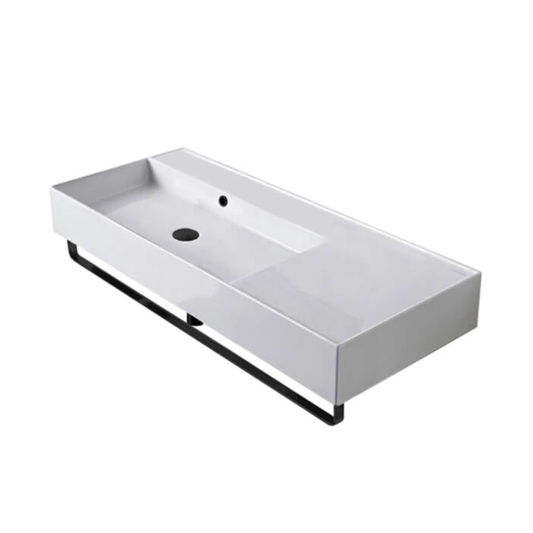 Rectangular Ceramic Wall Mounted Sink, Black Towel Bar Included