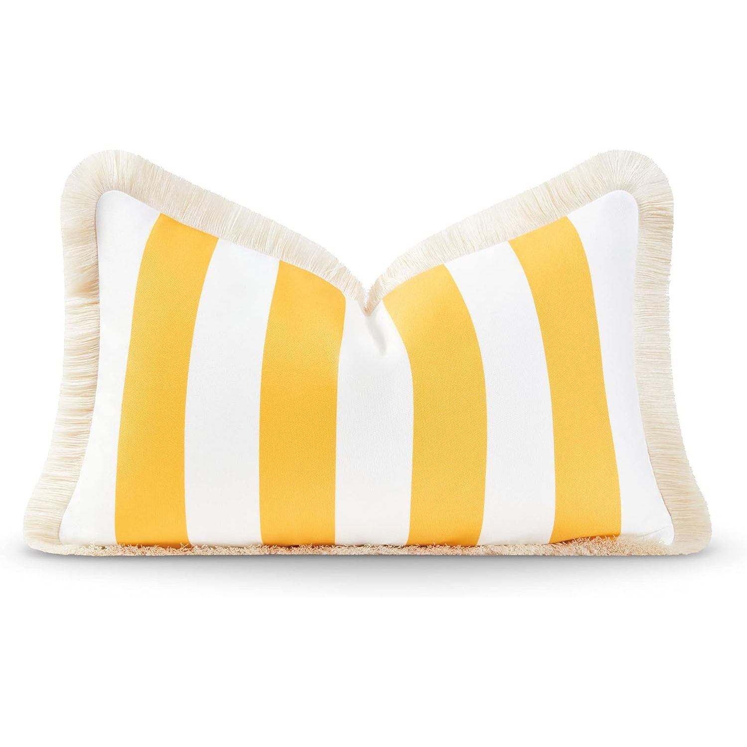 Hofdeco Premium Coastal Patio Indoor Outdoor Lumbar Pillow Cover Only, 12"x20" Water Resistant for Backyard, Couch, Yellow Stripe Fringe