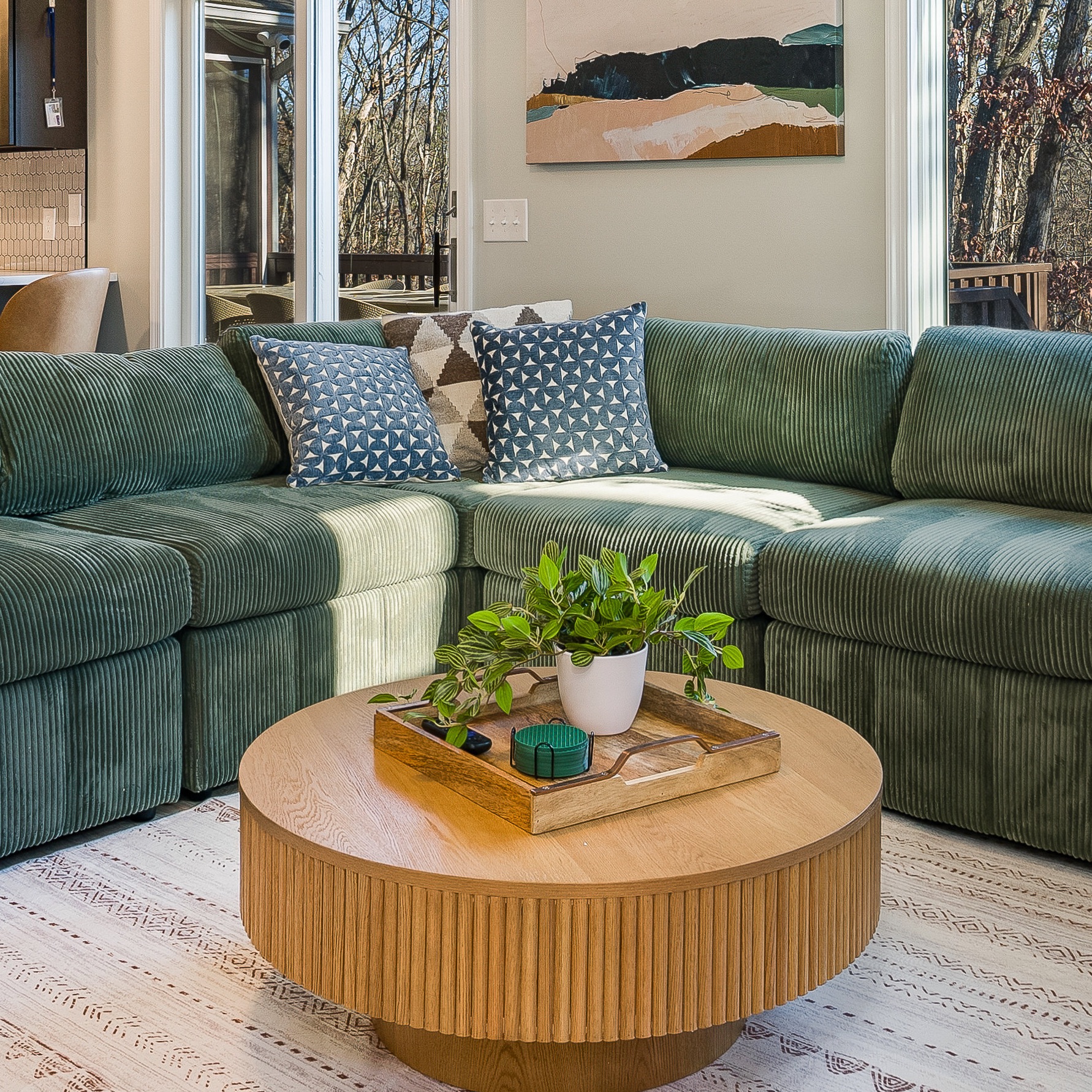 Chibuzor Pedestal Round Coffee Table, Handcrafted Solid Wood Fluted Design