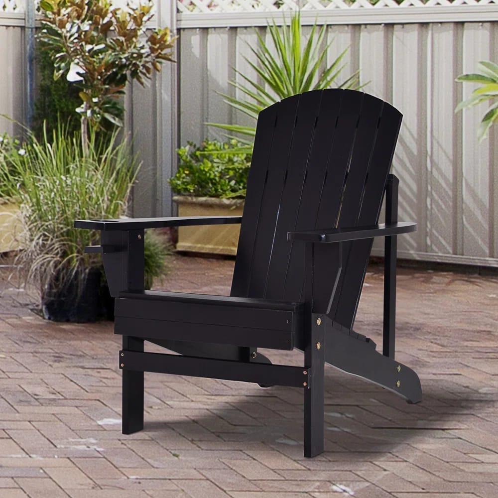 Khronos Patio Wooden Adirondack Chair Lounge w/ Cup Holder for Outdoor Garden Black