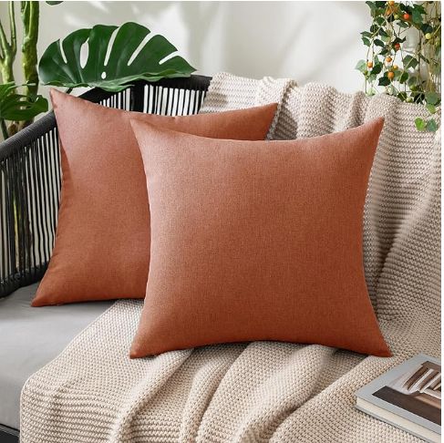 MIULEE Fall Pack of 2 Decorative Outdoor Solid Waterproof Throw Pillow Covers Polyester Linen Garden Farmhouse Cushion Cases for Patio Tent Balcony Couch Sofa 18x18 inch Rust