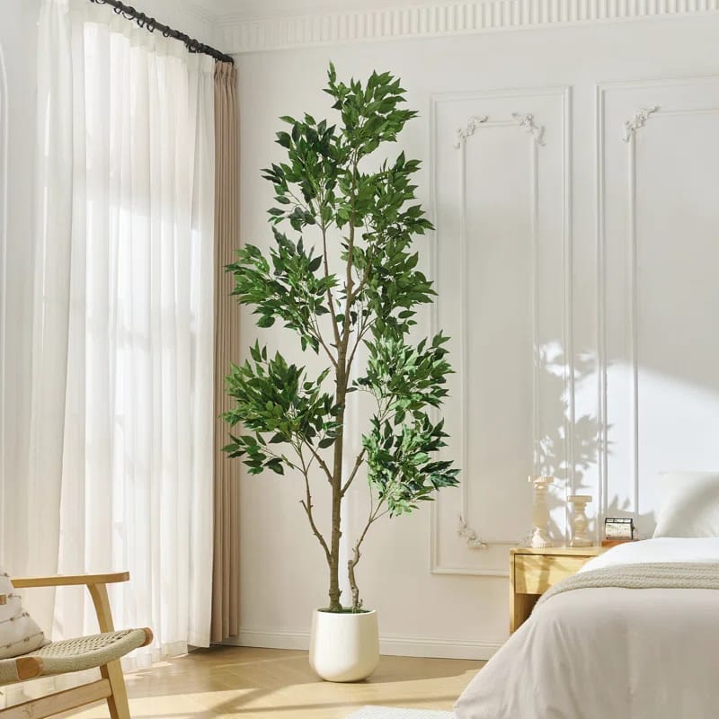 7Ft Artificial Ficus Tree With Lush Realistic Leaves, Tall Maintenance-Free Faux Ficus Tree In White Pot For Living Room, Corner Or Office Decor