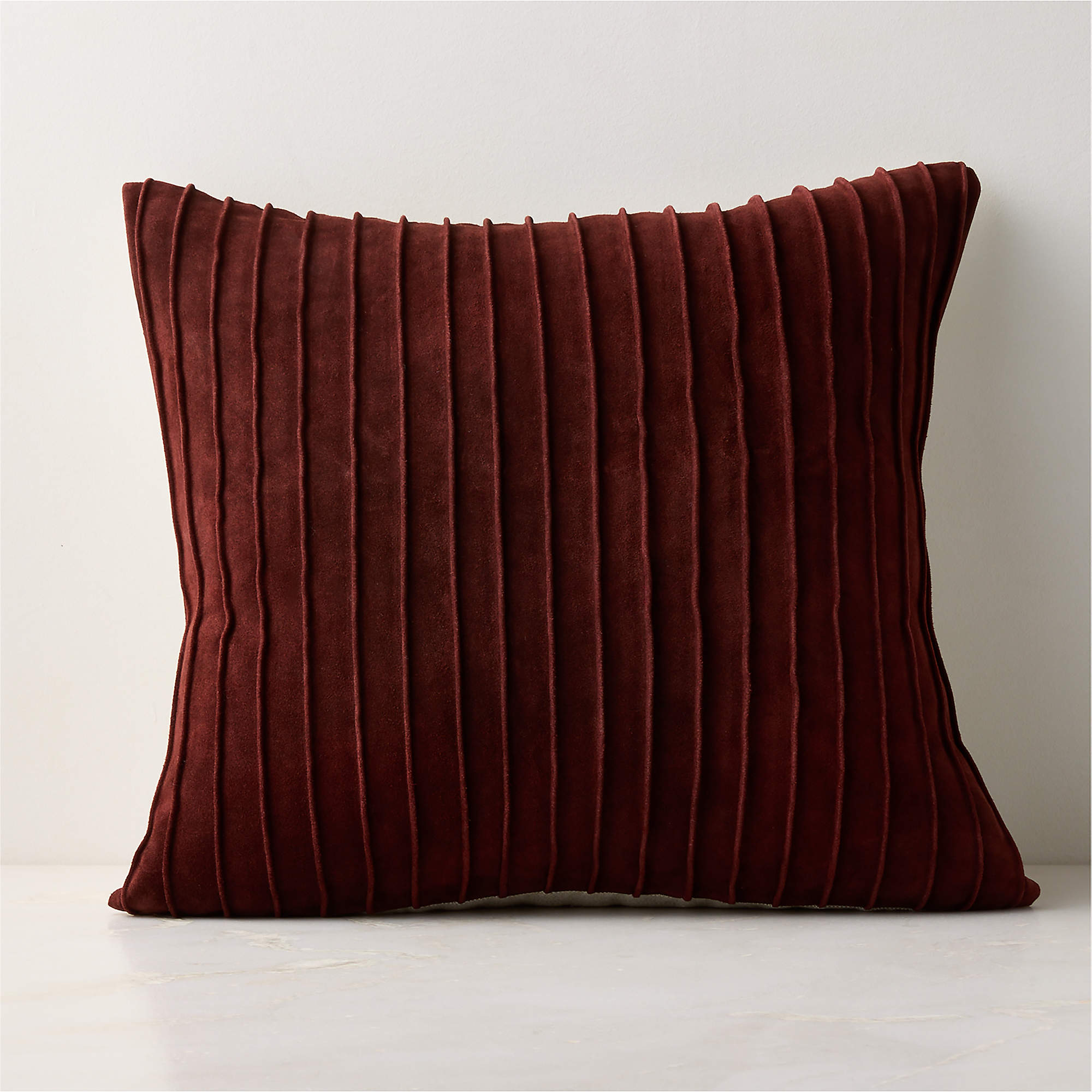 Gathered Dark Red Suede Throw Pillow with Down-Alternative Insert 20"x20"