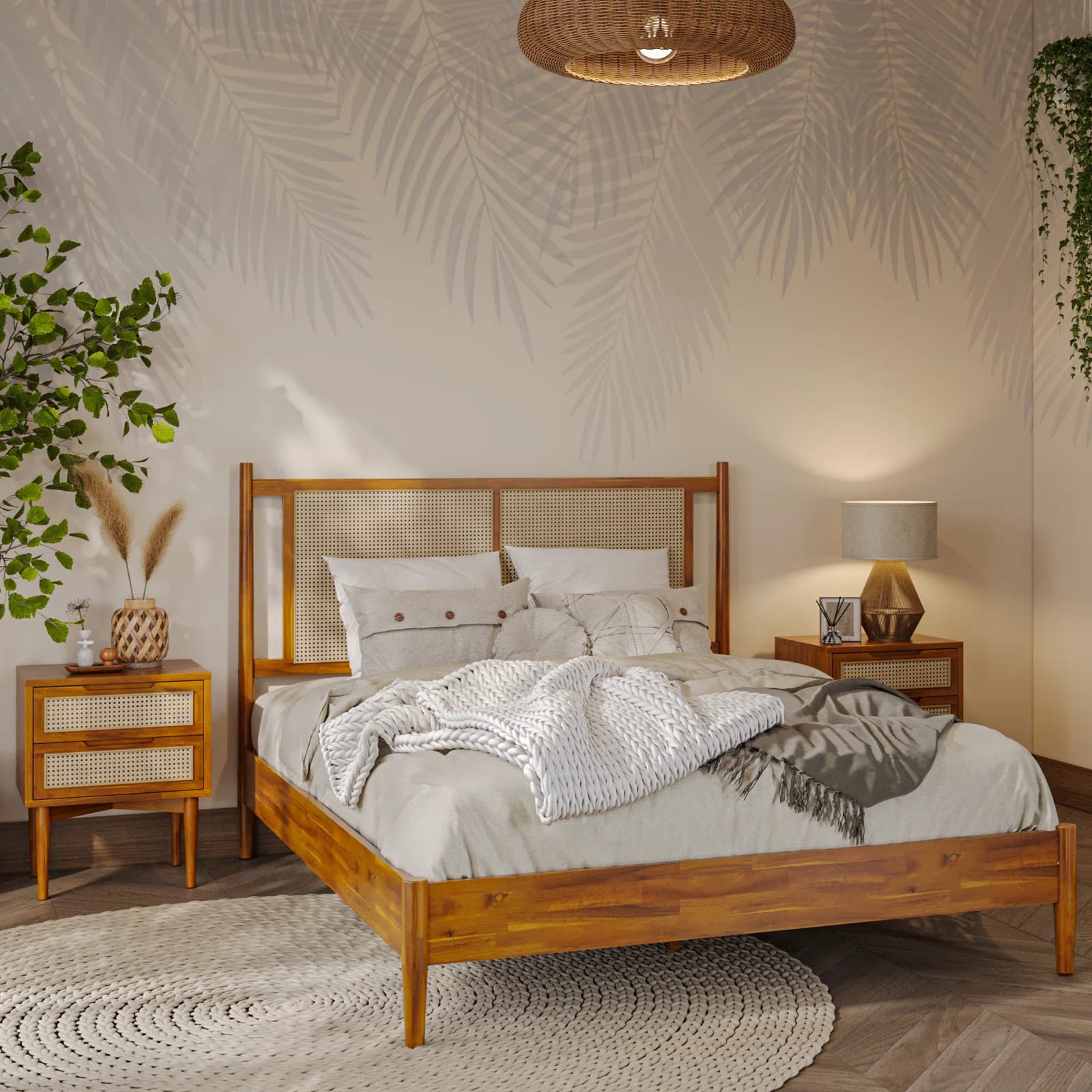 Oliver Solid Wood Rattan Platform Bed with Headboard, Rattan Frame