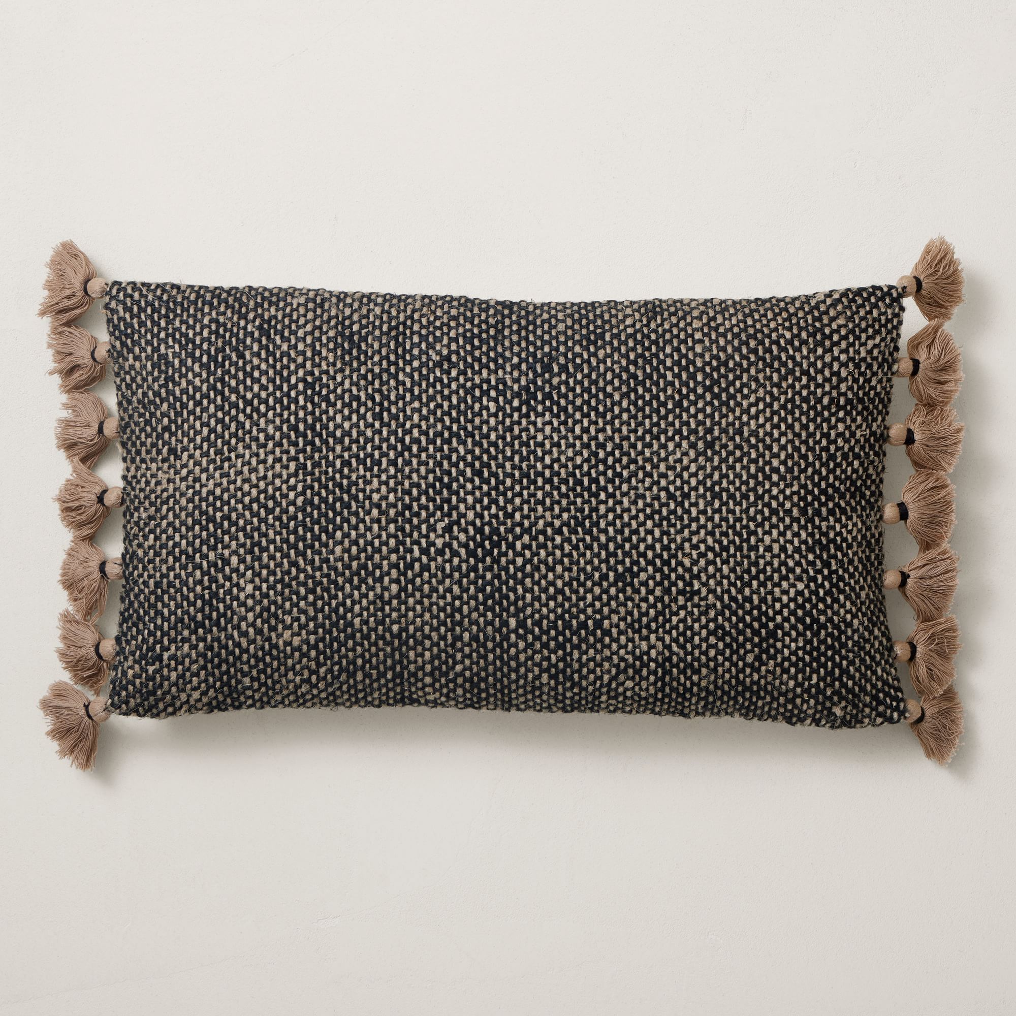 Two Tone Chunky Linen Tassels Pillow Cover, 12"X21", Black