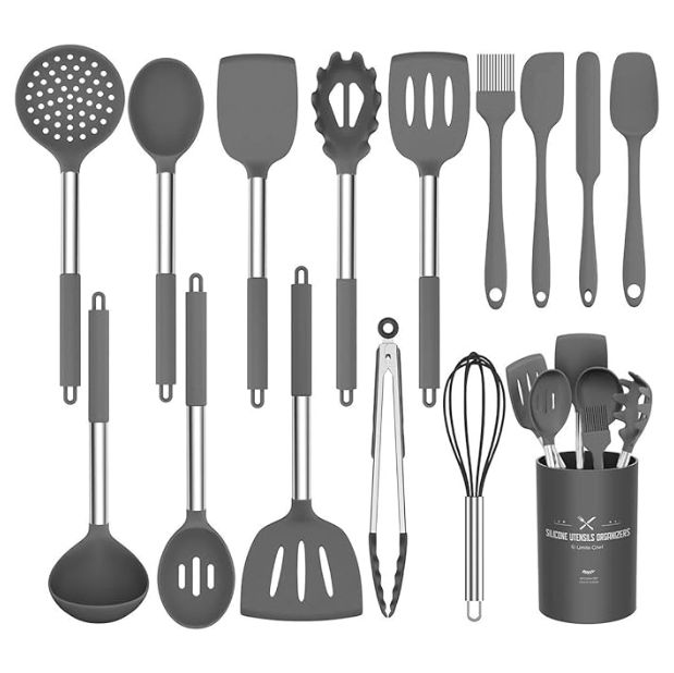 Silicone Cooking Utensil Set,Umite Chef Kitchen Utensils 15pcs Set Non-stick Heat Resistan BPA-Free Stainless Steel Handle Tools Whisk - Grey