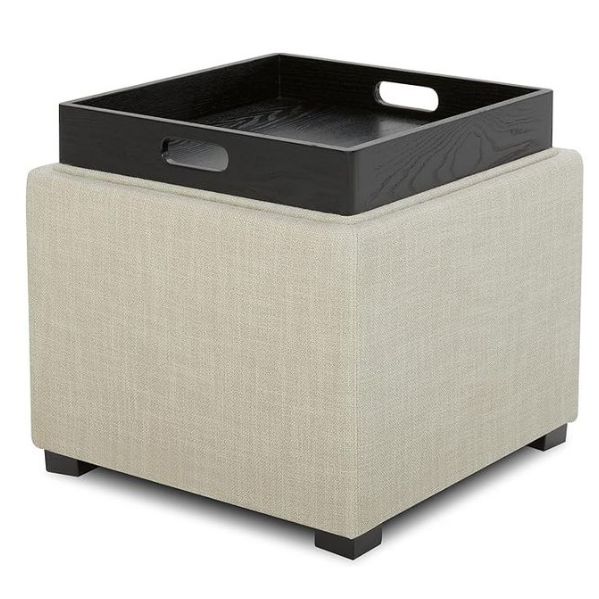 CHITA Storage Ottoman Cube with Tray, Footrest Stool Seat Serve as Side Table, Fabric in Linen