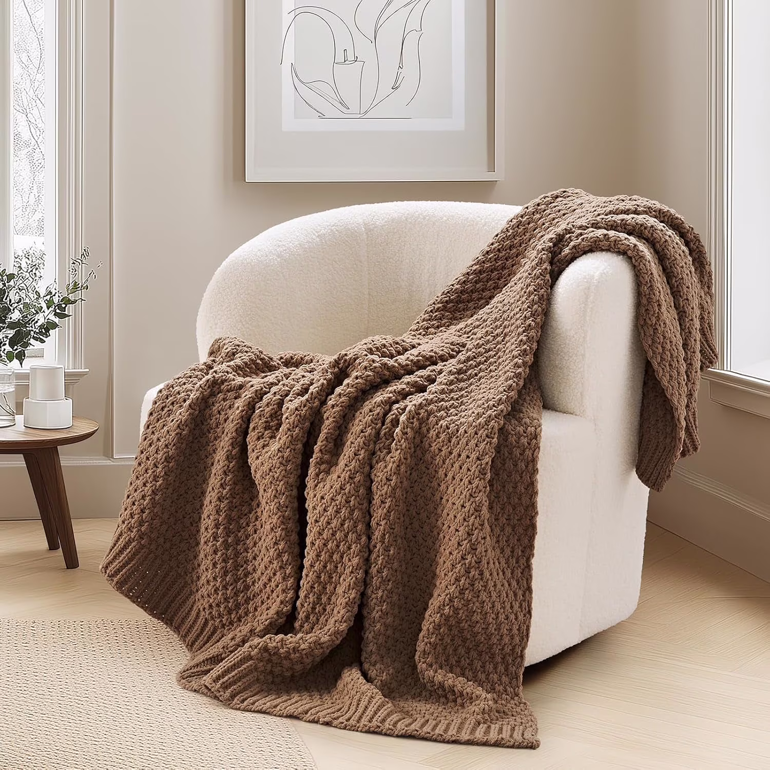 Evergrace Chunky Chenille Knit Throw Blanket for Couch, Soft Luxurious Moss Stitch Blankets for Bed, Cozy Decorative Farmhouse Knitted Throws for Sofa, Camel Brown, 50" x 60"