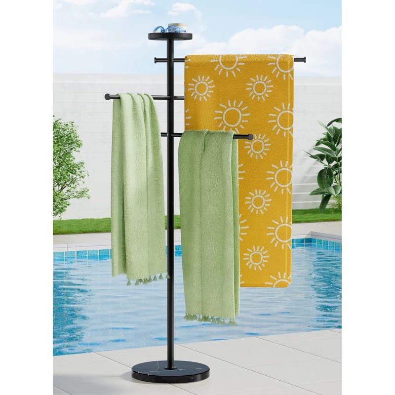 KES Natural Marble Outdoor Towel Rack, 5-Feet Pool Towel Rack for Hot Tub 18/8 Stainless Steel with Adjustable 3 Arms with Storage Tray Matte Black OTR400WF-BBK