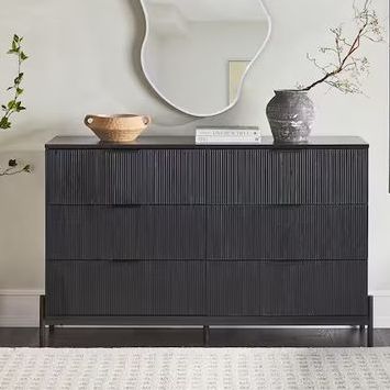 Mid-Century Modern Black 6-Drawer 56 in. W Dresser with Reeded Front