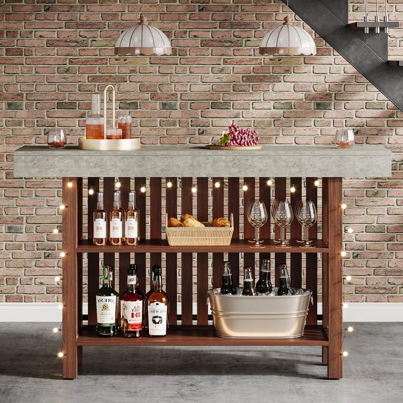 Modern 2-Tier Bar Table Footrest Home Bar Unit Corner Mini Coffee Bar Cabinet Kitchen Pub
