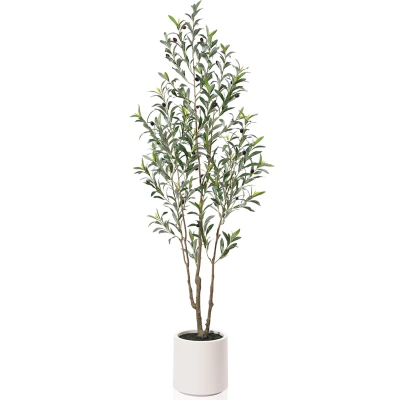 Adcock Faux Olive Tree in White Planter, Lifelike Fake Olive Plant for Indoor and Outdoor Decor