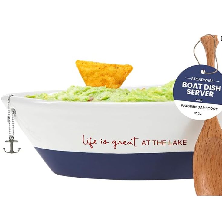 Pavilion Gift Company - Lake Boat Dish Server - "life Is Great At The Lake" Text Design - Stoneware Boat Dish With Wooden Oar Scoop