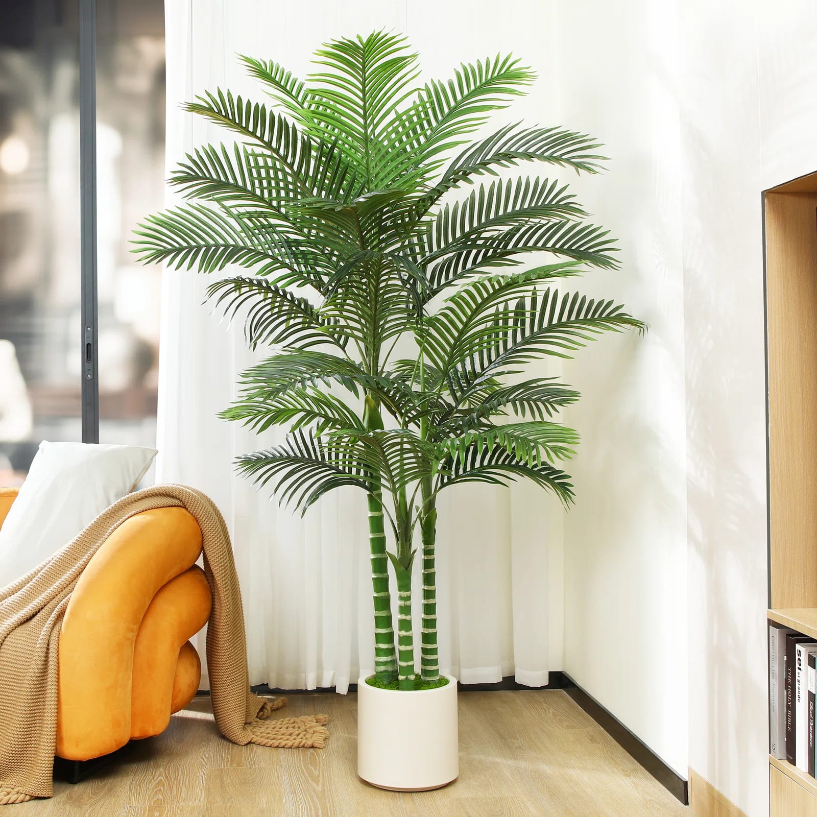 Adcock Faux Palm Tree in White Planter, Faux Green Palm Plant, Fake Tree for Home Decor
