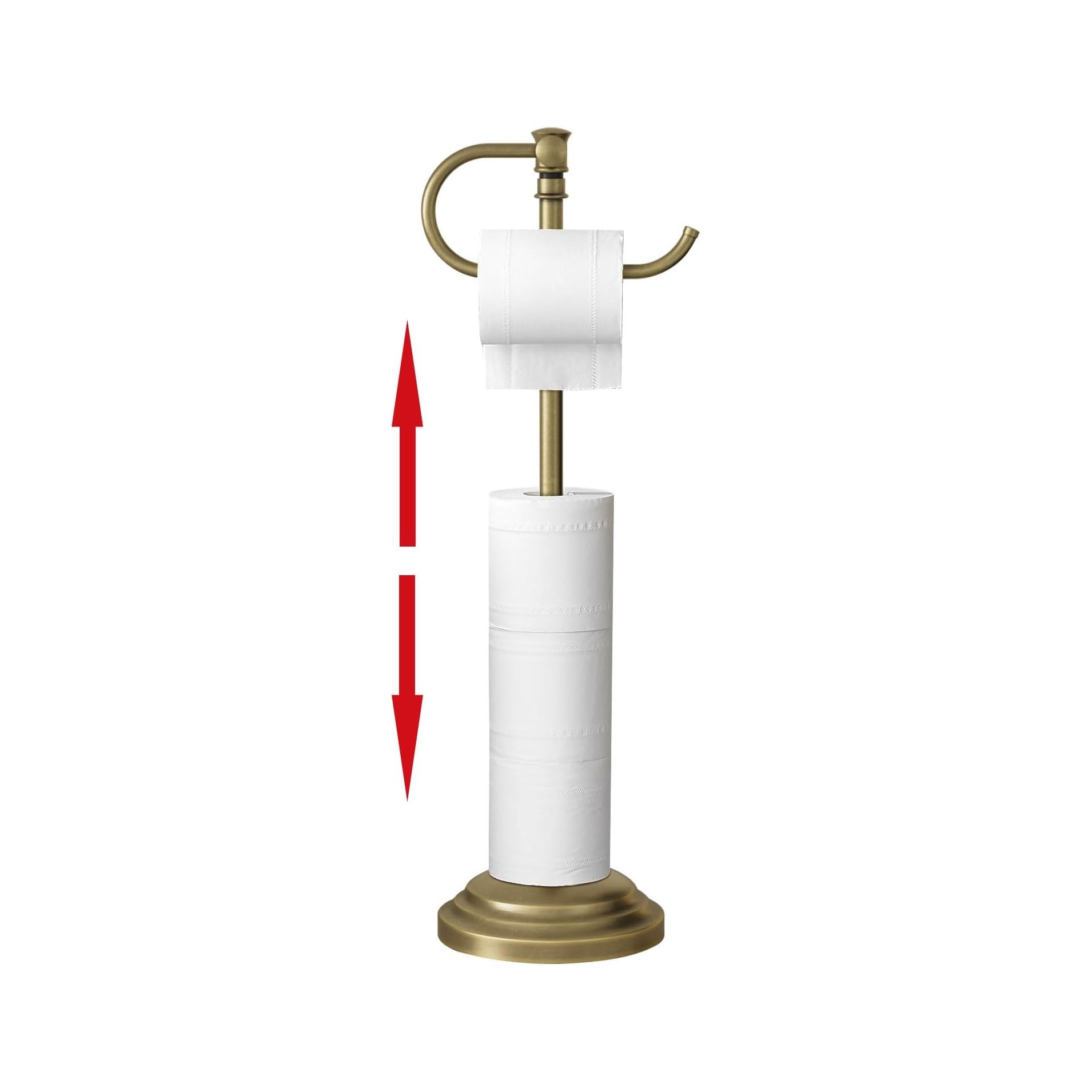RUMOSE Toilet Paper Holder Stand for Floor,Antique Brass Adjustable (12.4" to 22.8") Bathroom Toilet Tissue Holder, Free Standing Paper Roll Holder with Storage, Stainless Steel