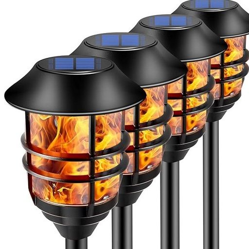  ZOOHAR Solar Outdoor Lights,Extra-Tall Solar Torches with Flickering Flame 4-Pack Waterproof Garden Lights,Stainless Steel Pathway Lighting Garden Decor, Yard Decorations Outdoor Auto On/Off 