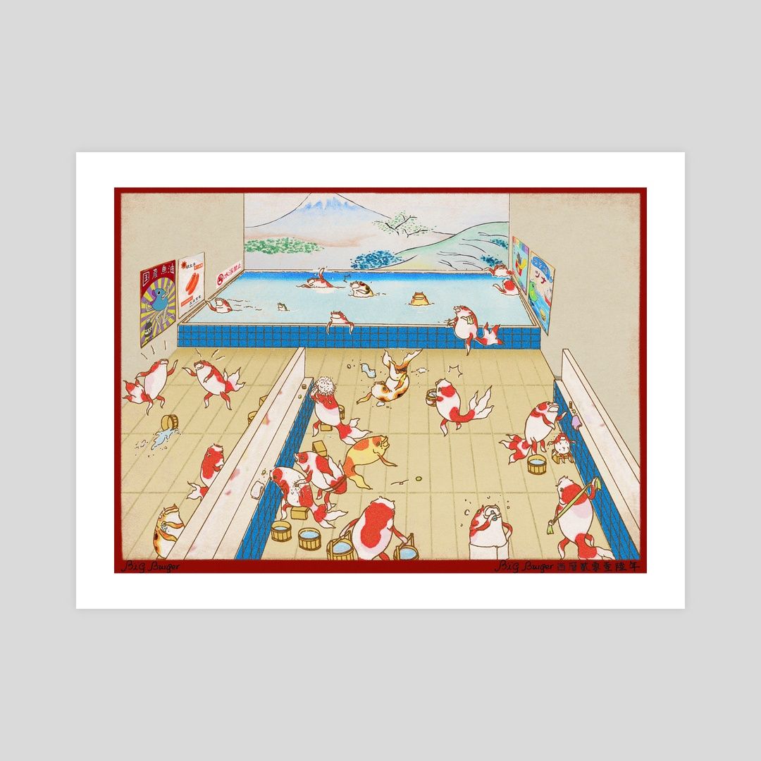 Kuniyoshi Goldfishes - Onsen Ohuro Hot Spring Public Bath by Burger Big