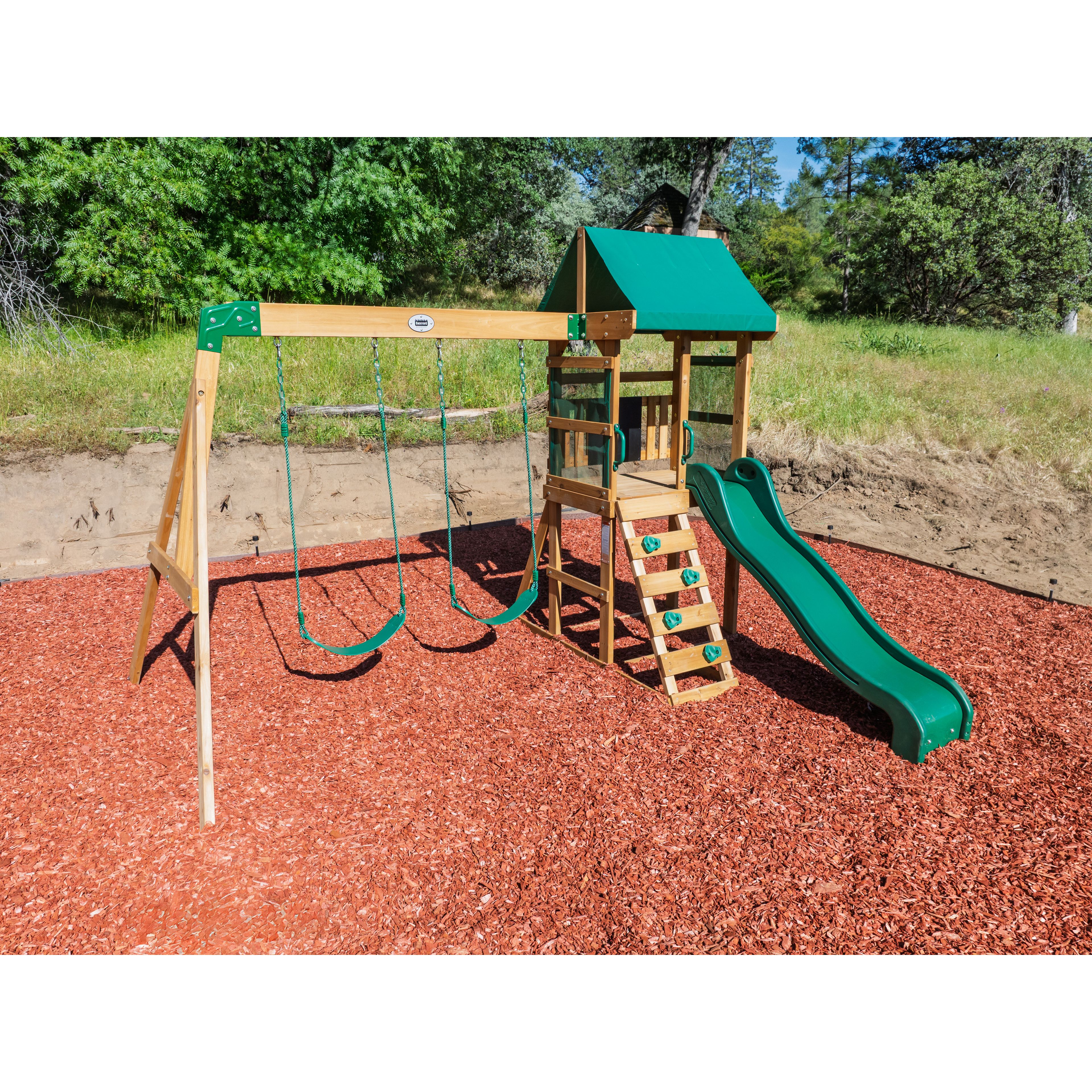 Backyard Discovery Buckley Hill Cedar Wood Swing Set With Wave Slide Play Deck Rock Wall Ladder And Chalkboard