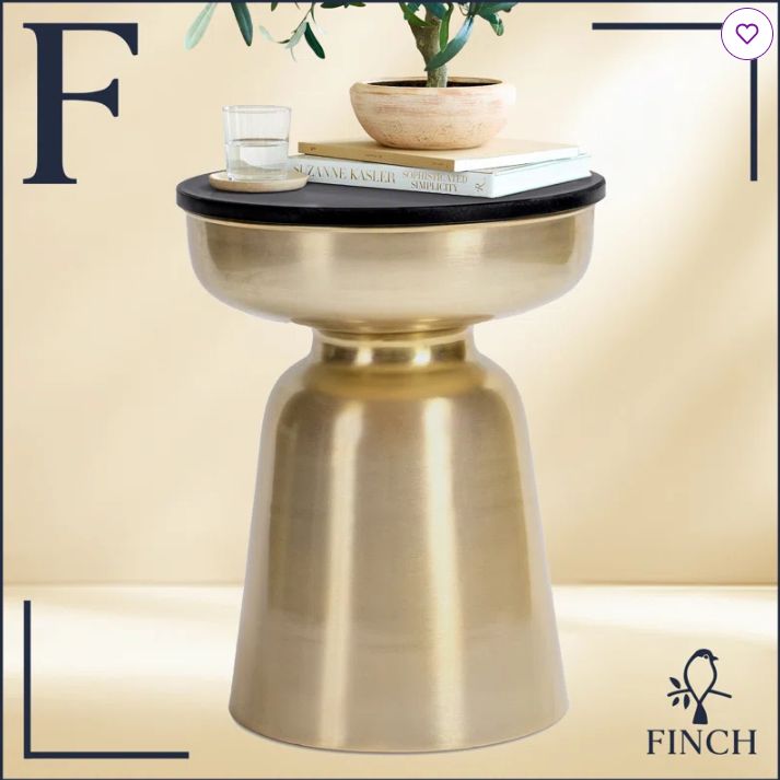 Finch Adler Rothko Accent Side Table, Granite Top, Brushed Brass or Rose Gold Base, Hourglass Shape