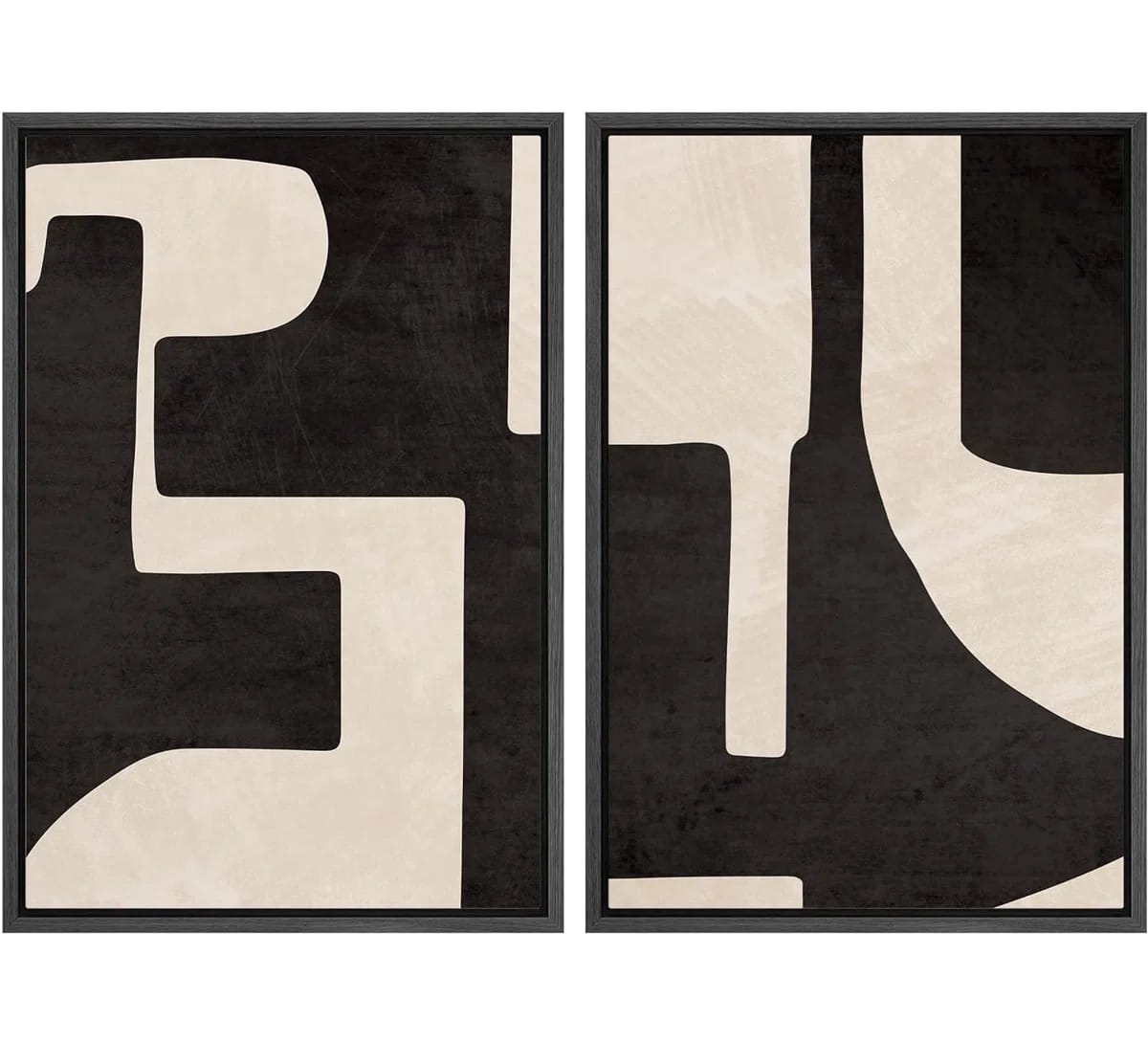 Mid Century Shape Black & Cream Geometric Paint Stroke Abstract Neutral Décor Framed Canvas 2 Pieces Print Wall Art
